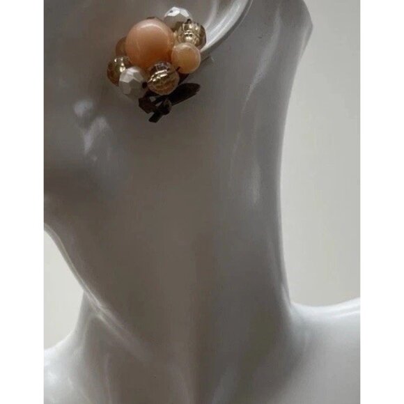 Vintage 1950s Faux Pearl Sea Cream Orange Crystal Cluster Clip on Earrings - Picture 6 of 12